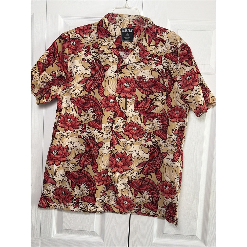 Massive Koi Fish Lotus Flower Button Up Shirt Mens Size L Tan Red Cotton Graphic
